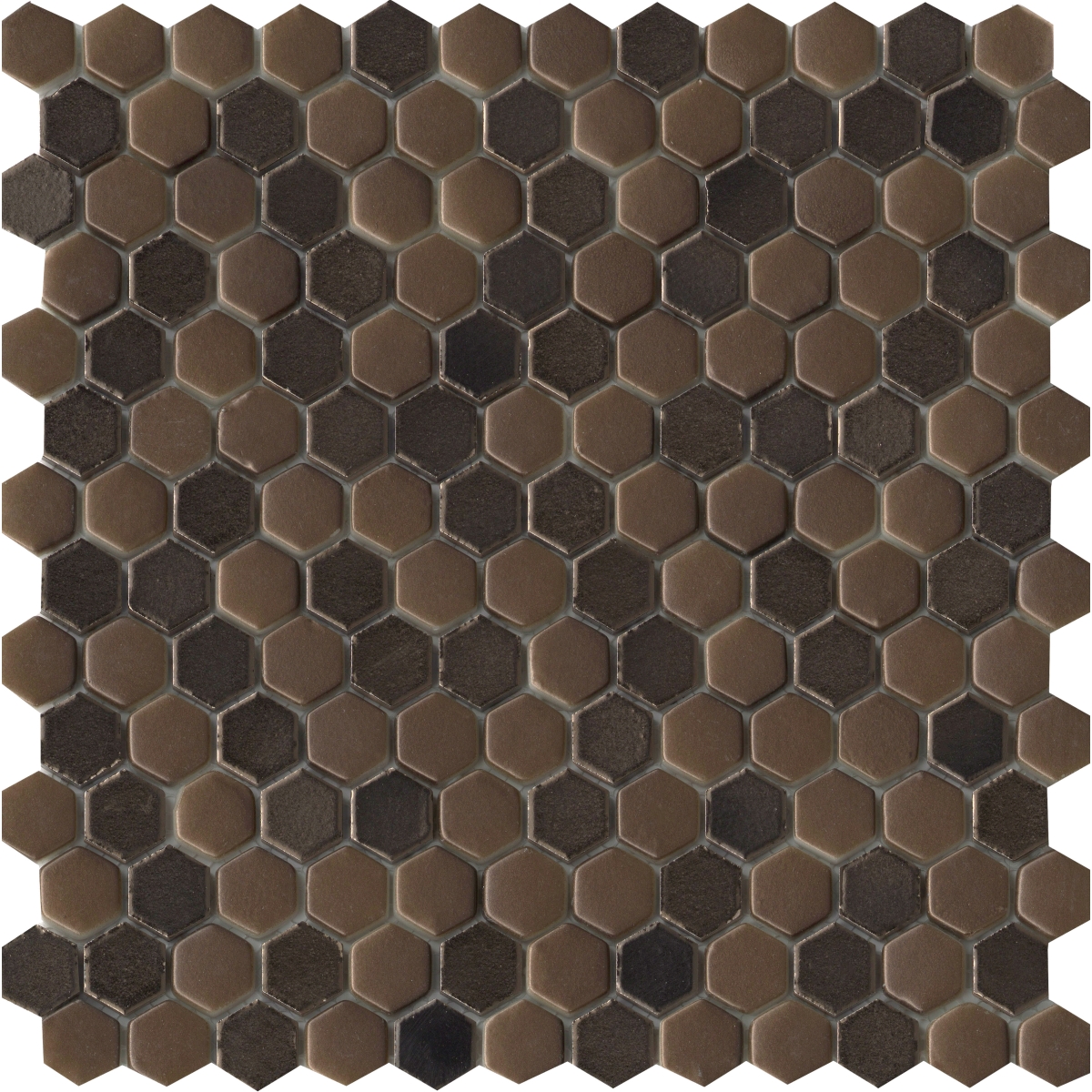 Confetti II Mixed Finish Hex Mosaic in bronze and white glass, 1x1 and 12x12 square tiles, glossy and matte finish